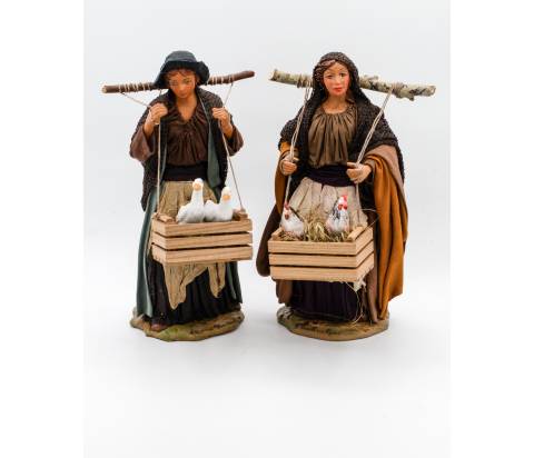 Donna con Oche e Donna con Galline - coppia statue h 24 cm